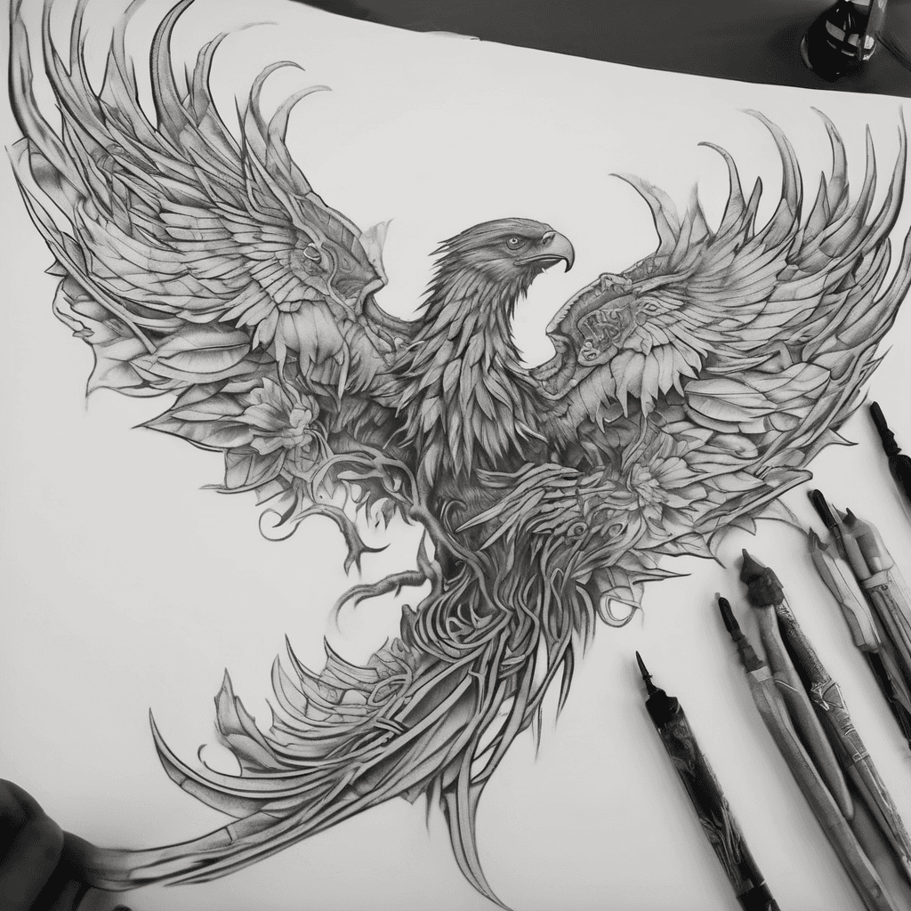a black and white wood cut style back tattoo. at the top an oroborus. going across the shoulder blades and down the spine create an irish folklore/medieval inspired piece. should look like a tapestry