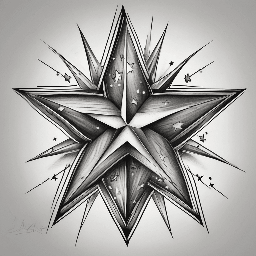3 descending 5 point stars with smaller shooting stars rising up from lower back, intertwining with the descending stars.
