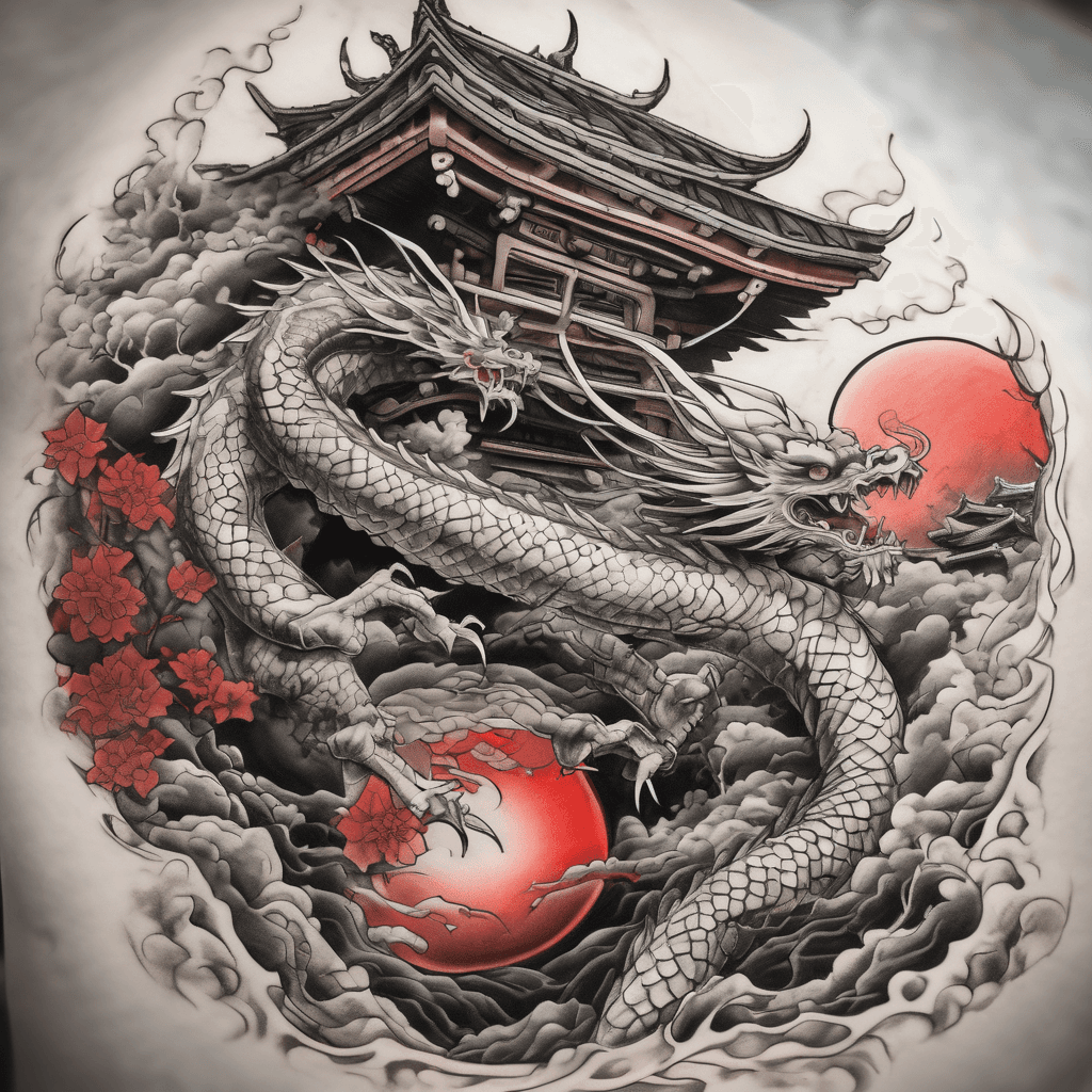 A continuous composite sleeve tattoo design starting from the shoulder blade, going over the shoulder to the left chest. On the chest: a moving dragon clawing into the skin. On the shoulder: a traditional Japanese Torii gate. Just below the gate: a dark, bloody red moon. Right above the elbow: the Grim Reaper with no legs, his cloak ripping apart and turning into a dark, consuming aura that wraps down to the mid-forearm. The Grim Reaper holds an open book (Death Note) in one hand, and a scythe in the other hand, with the scythe blade curving around the red moon. Background space filled with dark storm clouds and flying ravens. Style: Hyper-realistic Black and Grey realism tattoo with sharp contrasts, smooth shading, and vibrant, bright neon-red color accents, isolated on a white background.