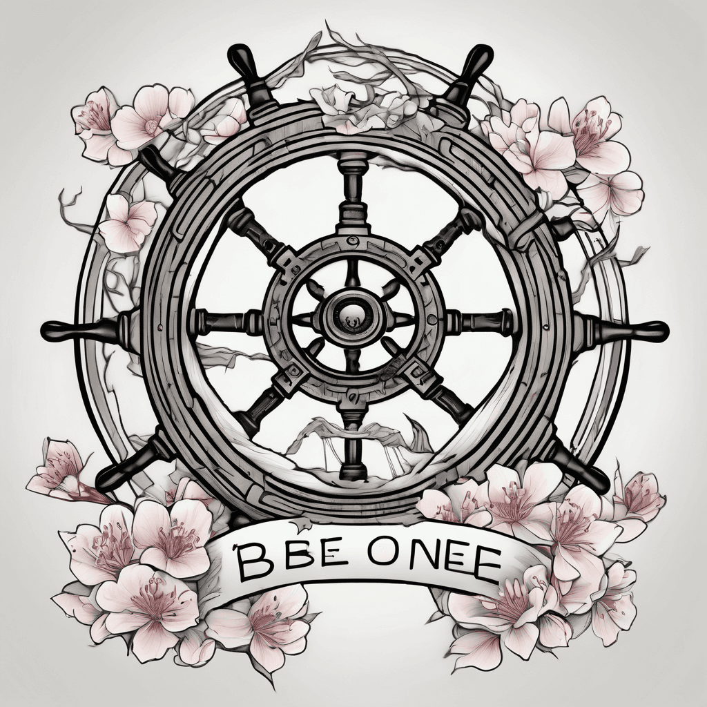 Ship wheel with banner wrapped around saying be the one to guide me cherry blossom sttle