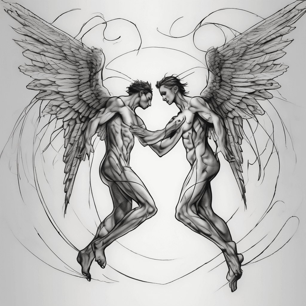 I want 2 angels one falling down and the other is looking down on him trying to catch him with a beautiful background