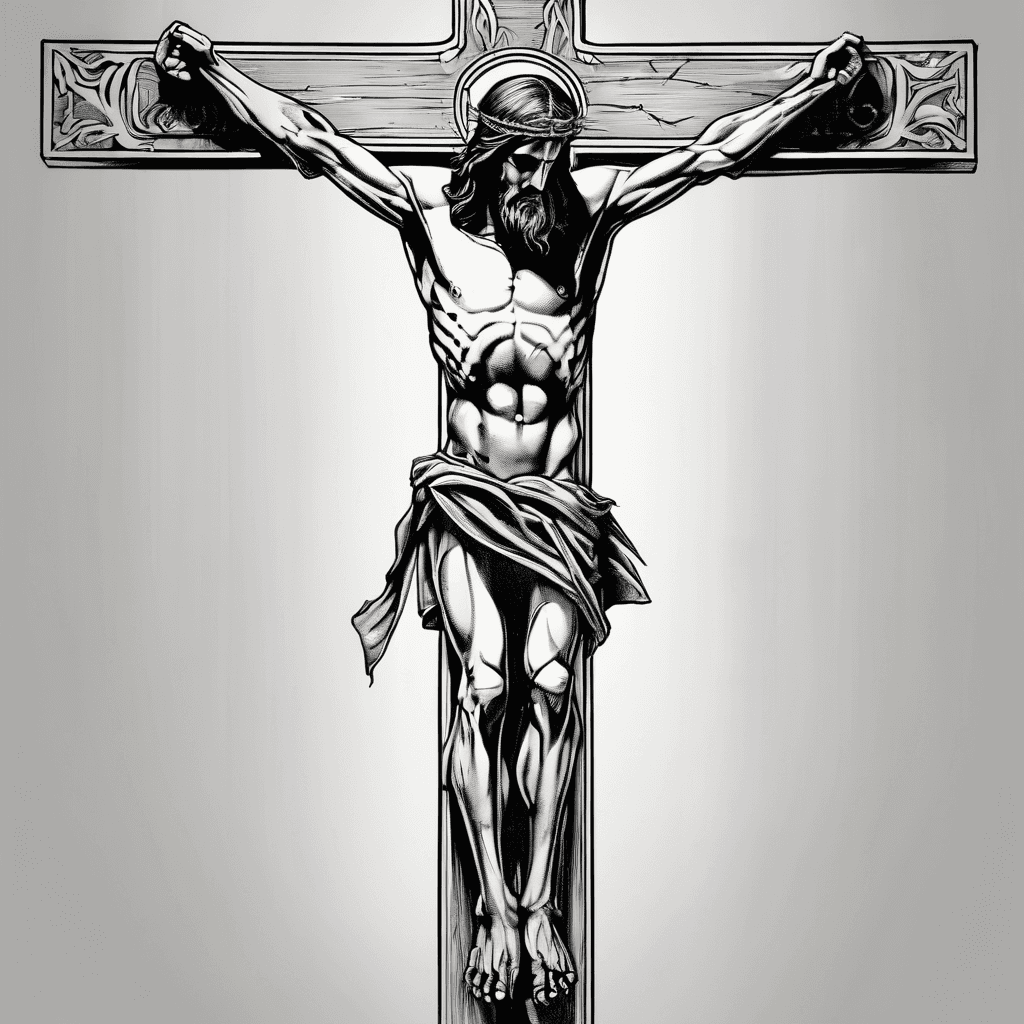 The cross that Jesus was crucified on, half falling to the left, with the spear used by the Roman soldier to kill him, lent against the cross. To the bottom right, written in Jesus Aramaic, will be the lords Prayer.