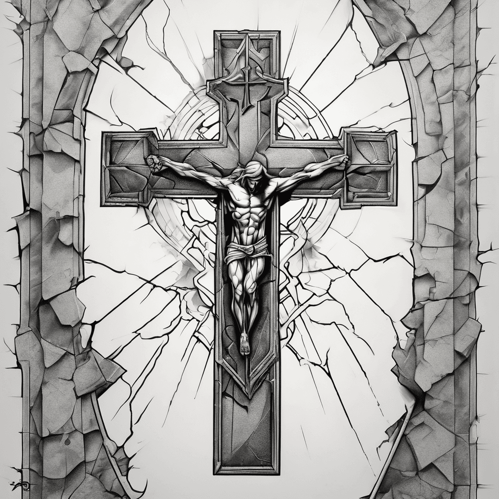 Tattoo design, right shoulder cap placement, mural-style composition following the curve of the deltoid. Central vertical element: a jagged, cracked stone cross with broken/weathered edges (not a clean geometric cross), running top to bottom. A lightning bolt strikes diagonally through the crossbar, as if it split the cross at the moment of impact. Blood drips from the crossbar down the vertical beam of the cross, pooling near a crack. A yellow rose in full bloom sits at the top of the composition, petals flowing outward over the shoulder curve. An ornate coin rests at the base of the cross, like an offering. Elements are integrated into one cohesive scene, not separate stamps — flowing, connected composition. High contrast, bold clean linework, tattoo-ready stencil quality.