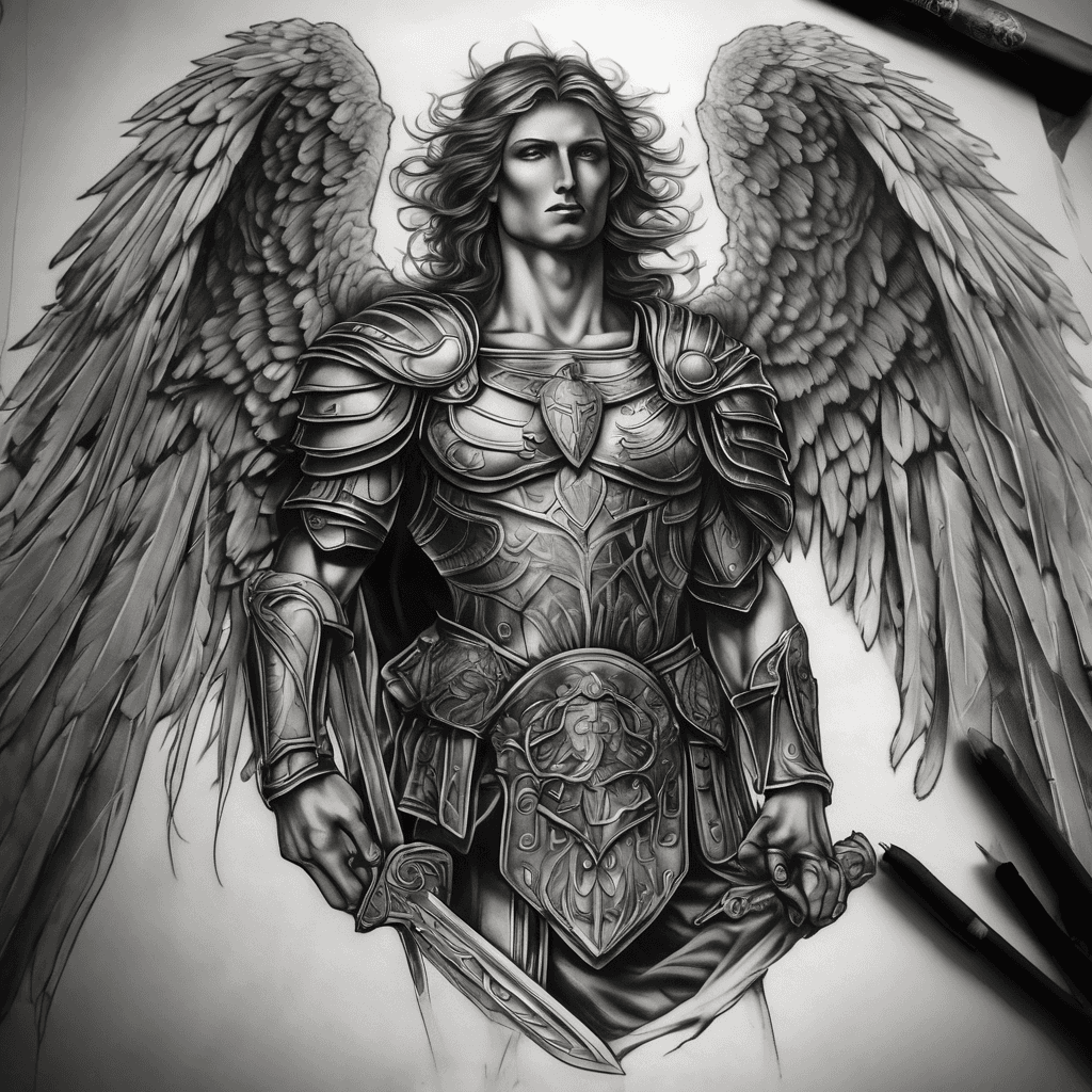 Full sleeve upper arm tattoo, realistic black and grey style. Archangel Michael as a powerful medieval warrior in heavy engraved plate armor, large feathered wings spread out over the shoulder. Intense contrast, sharp metallic reflections, cinematic shading, dramatic dark clouds background.