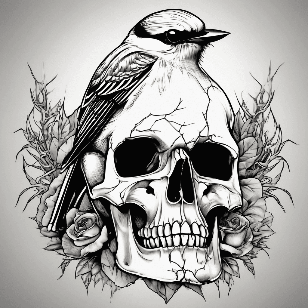 A Northern Shrike sitting atop a human skull, surrounded by thorns