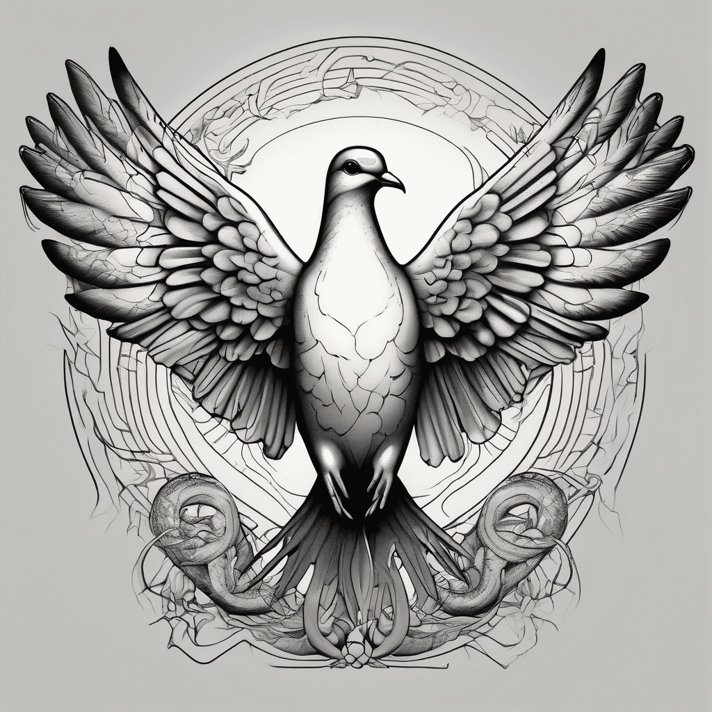 Dove with outstretched wings with snake behind it and slightly above