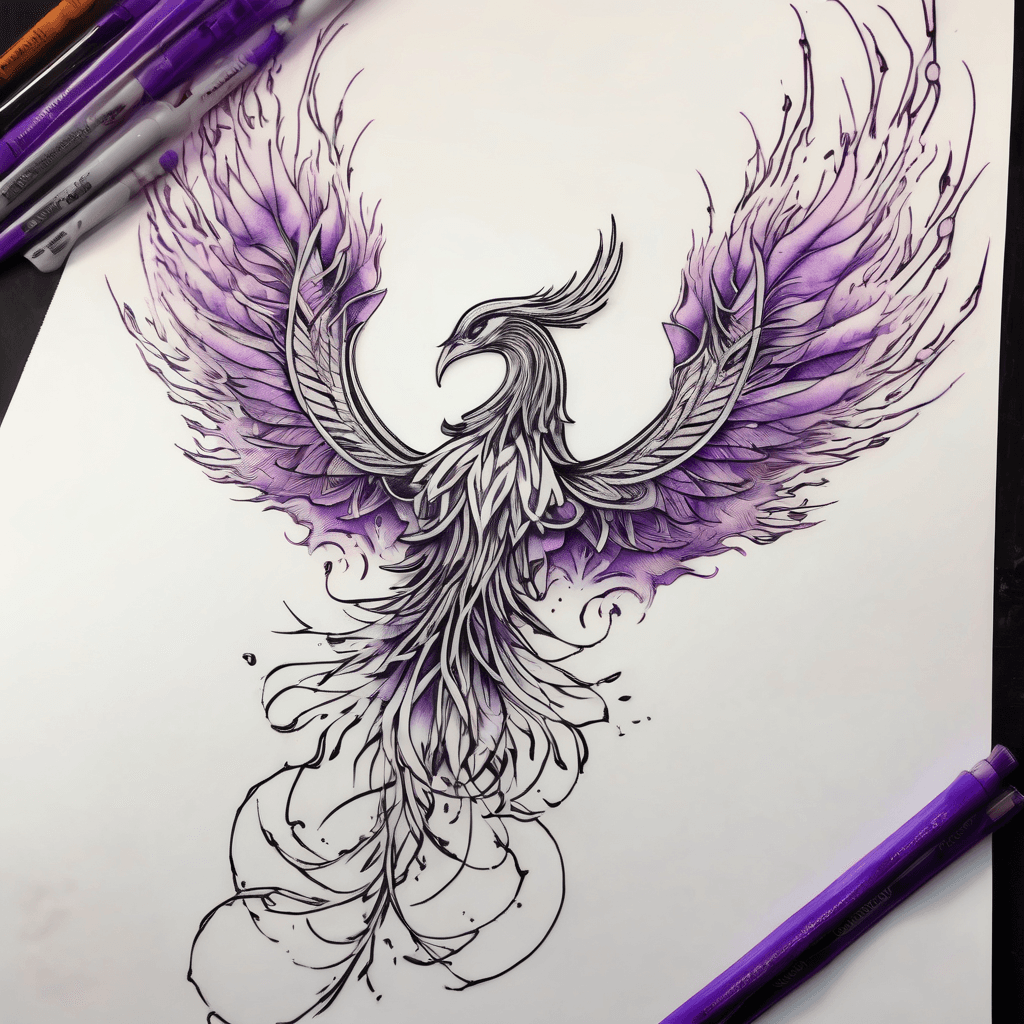 Fine-line tattoo design, single continuous black linework phoenix rising upward from the center of a horizontal lemniscata (infinity loop), wings spreading up and outward, delicate feather detail, minimalist and elegant. Beneath and around the infinity loop, soft watercolor flames rise: deep violet and magenta at the base transmuting into vivid red-orange at the tips, painterly bleed with organic splatter. A small glowing pale blue-white light at the exact crossing point of the loop. Clean white background, high contrast linework, tattoo stencil ready, negative space, vertical composition for forearm or spine placement.