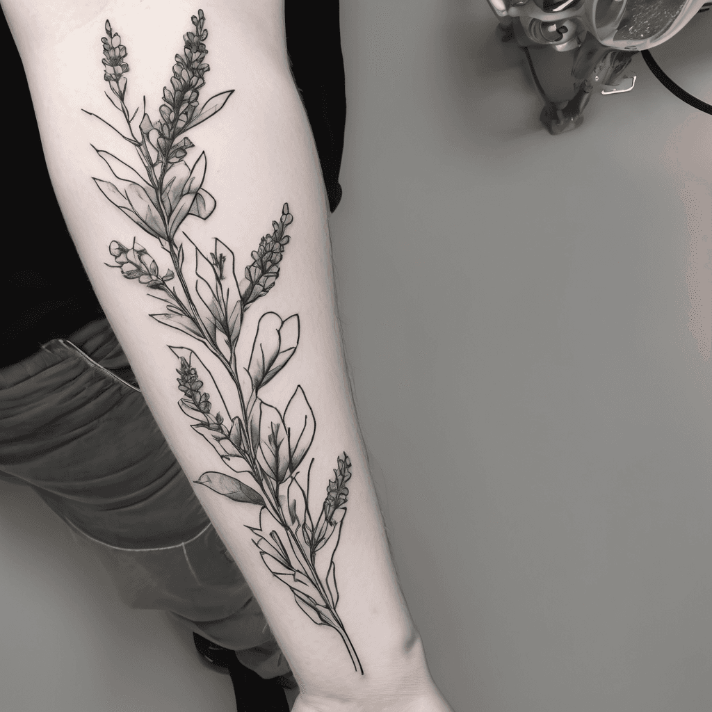 A laurel branch tattoo in fine line black ink with sprigs of forget me not and lavender into woven throughout in a slight S curve