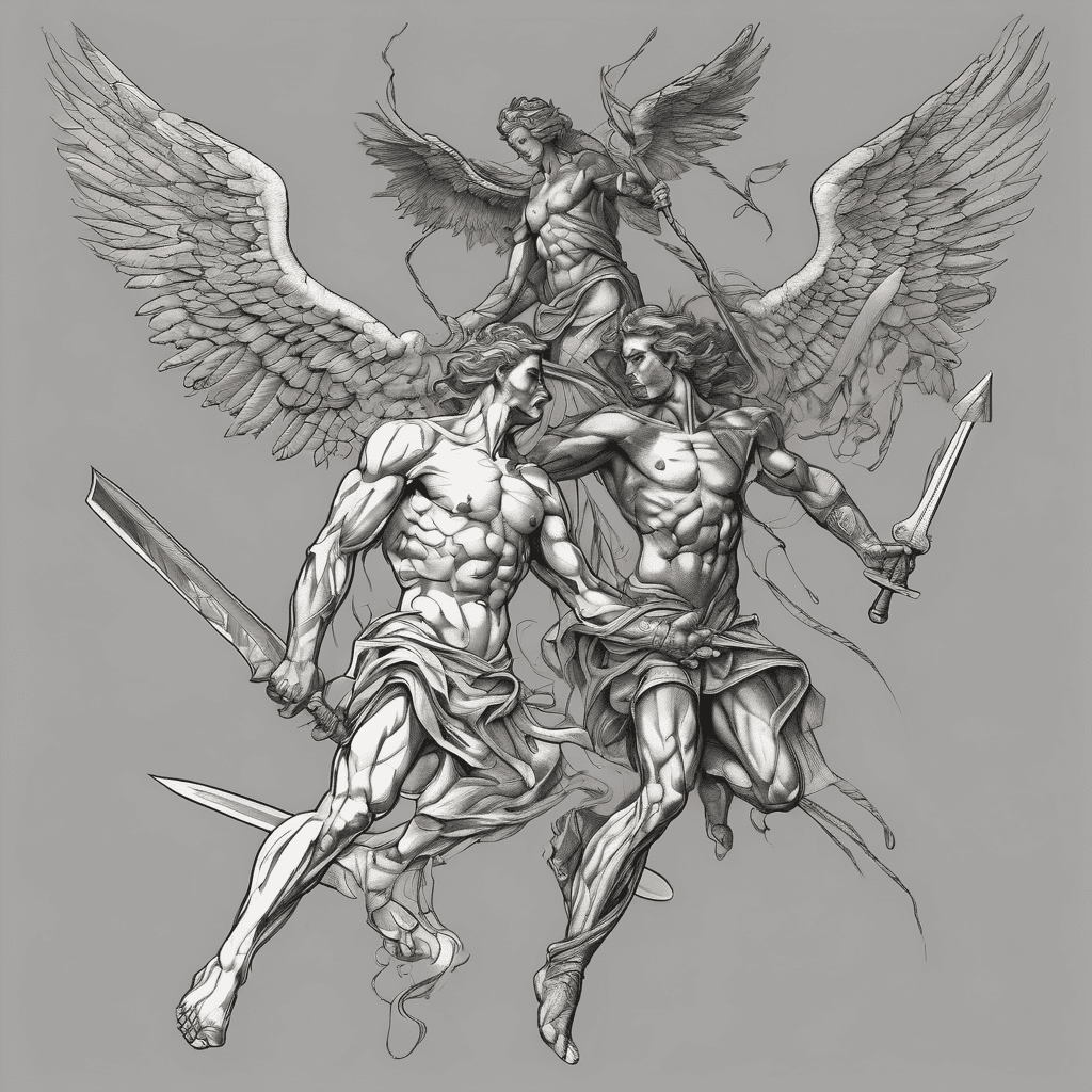 angels and demons fighting over a gaudrian angel sword