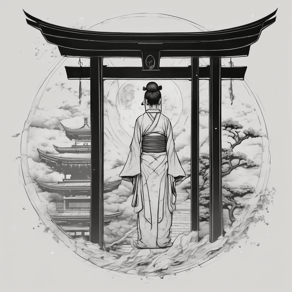 Izanagi and Izanami, Japanese creation myth, one figure whole and solid, one figure dissolving into scattered particles, crescent moon above, torii gate below split down the middle — one side intact, one side cracked and fading, fine linework, negative space, modern minimalist