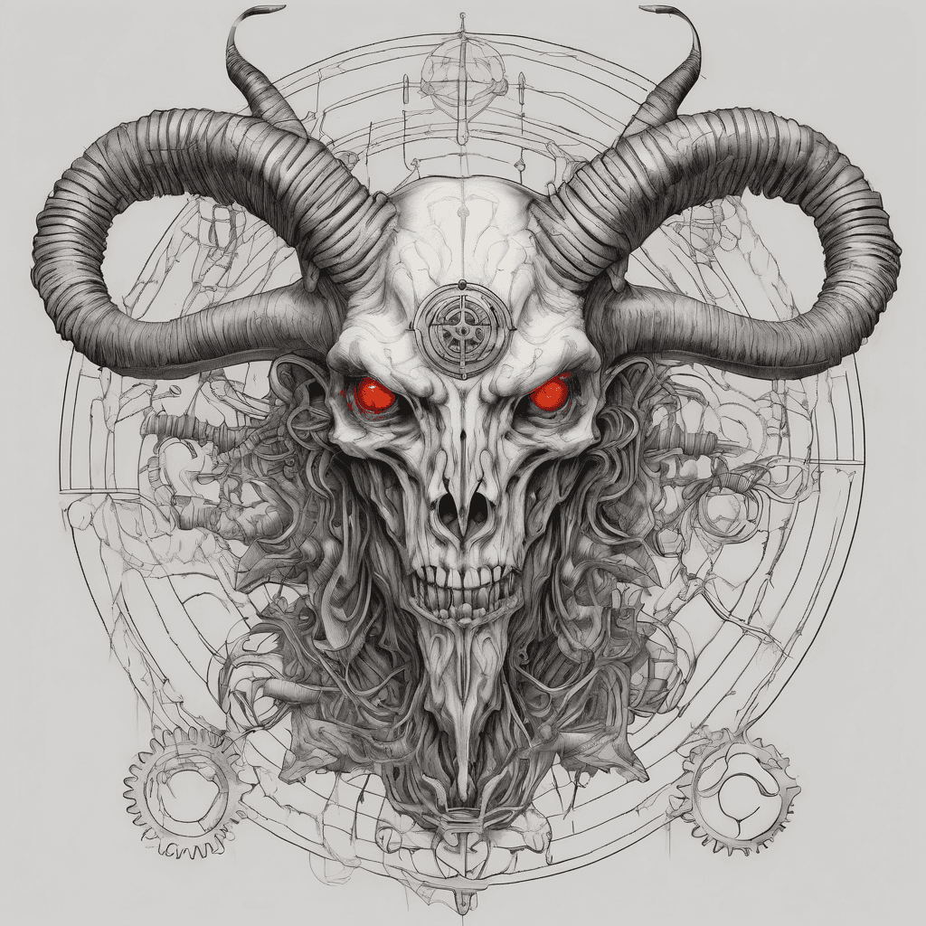 Occult and Demonic: A detailed, biomechanical Baphomet tattoo, with horns turning into gears and wires. A hyper-realistic portrait of a demon face with glowing red eyes and tattered, leathery wings. A minimalist outline of a sacrificial goat skull with an inverted pentagram between the horns. Gothic and Macabre: A haunting blackwork tattoo of a weeping angel statue with tattered wings. A sinister raven with its wings spread, gripping a human skull in a graveyard setting. A surrealist piece featuring a human heart wrapped in barbed wire and thorny roses, dripping blood.