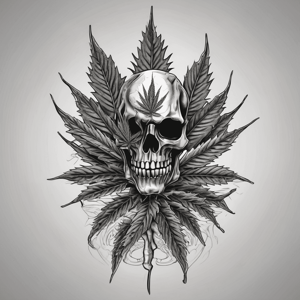 A cannabis leaf with a spooky monster face playing death metal guitar