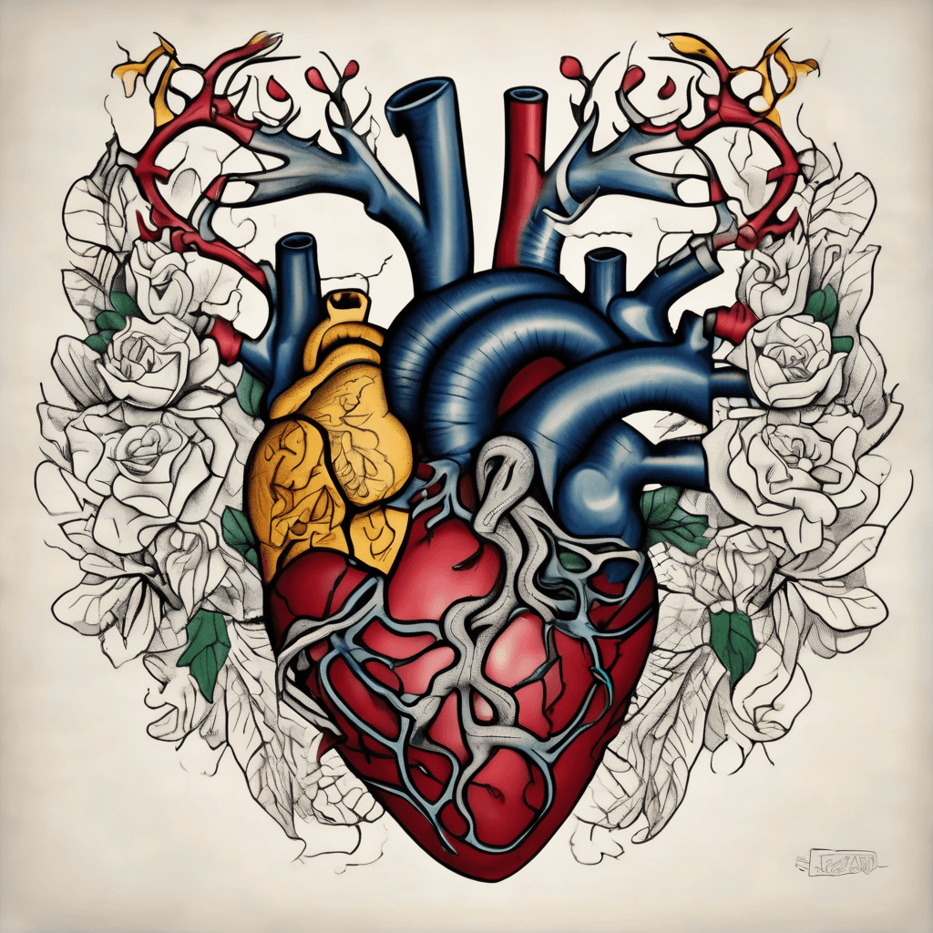 Traditional old school tattoo design, anatomical heart intertwined with a second smaller heart nested inside its chest cavity, symbolizing two hearts beating as one, bold black outlines, flat saturated colors (deep red, navy blue, mustard yellow, forest green), American traditional tattoo flash style, elongated vertical composition for forearm placement, aortic and pulmonary vessels at top, two roses intertwined at the base representing two people bound together, thorny vine connecting both roses like a continuous heartbeat line (EKG rhythm subtly woven into the vine), banner scroll at the bottom with text "i carry your heart" in classic tattoo script lettering, vintage tattoo flash art aesthetic, clean linework, high contrast, cream paper background, no gradients, stencil-ready design