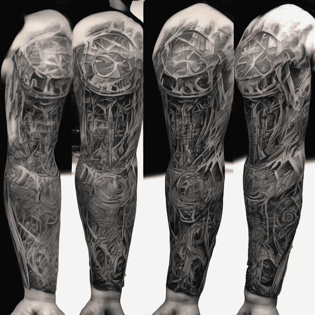 I want a custom black & grey outer forearm tattoo (33cm long, tapering from 10cm to 3cm) that blends into my existing smoky black & grey sleeve. The piece should tell the story of earned transformation through discipline, not just rebirth. At the base, an industrial steel hourglass with only the last grains of sand remaining. As the sand falls, it transforms into glowing embers, then smoke, which gradually becomes the tail and body of a fierce eagle/falcon-inspired phoenix. The phoenix should have a powerful chest, hooked beak, sharp feathers, slightly angled wings and be looking upward with a calm, unstoppable expression. Use a mix of smoke, flames and negative space for flow and longevity. Keep the style realistic with abstract smoky elements. If possible, subtly incorporate the Latin words Disciplina and Constantia into the design. I want the tattoo to feel powerful, intimidating and tell the story of a man built through time, consistency and discipline.