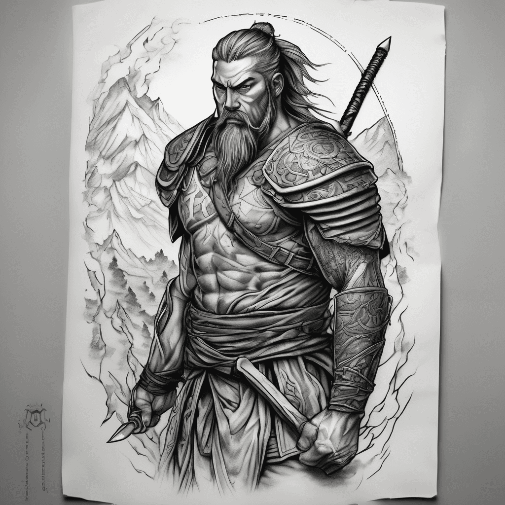Tattoo Concept: “The Path of the Unbroken Warrior” Left arm cinematic half-to-three-quarter sleeve. Realistic blackwork in black & grey. A timeless warrior blending Japanese Samurai and Nordic Viking elements walks a rugged mountain path — calm, disciplined, and determined. Worn armor, scars, shadows, and a Katana represent past struggles, self-control, and growth. A misty bear spirit protects him, symbolizing strength and resilience. A raven represents wisdom and lessons from the past. Storm clouds, mountains, and a broken stone throne with roots and moss show hardships he leaves behind. He walks past the throne, choosing his own path. The forearm shows a brighter future: rising paths, light, nature, a snake for transformation, and a deer for peace and balance. Style: cinematic realistic blackwork, deep shadows, strong contrast, dark metalcore atmosphere. Message: strength is found in the journey, not the destination.