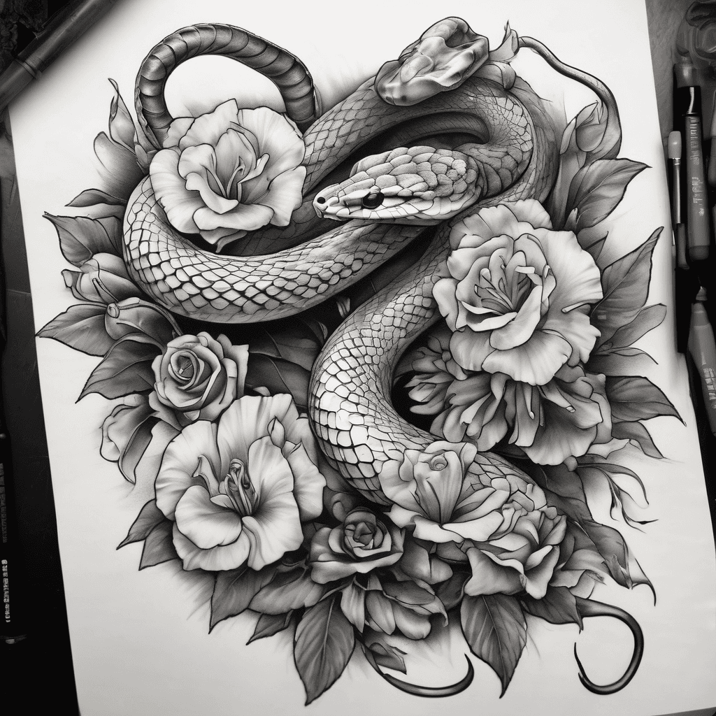 A snake with gladiolus, cherry blossoms and roses ebbing and flowing with the snake. Bicep area but 360 so also flows to triceps.