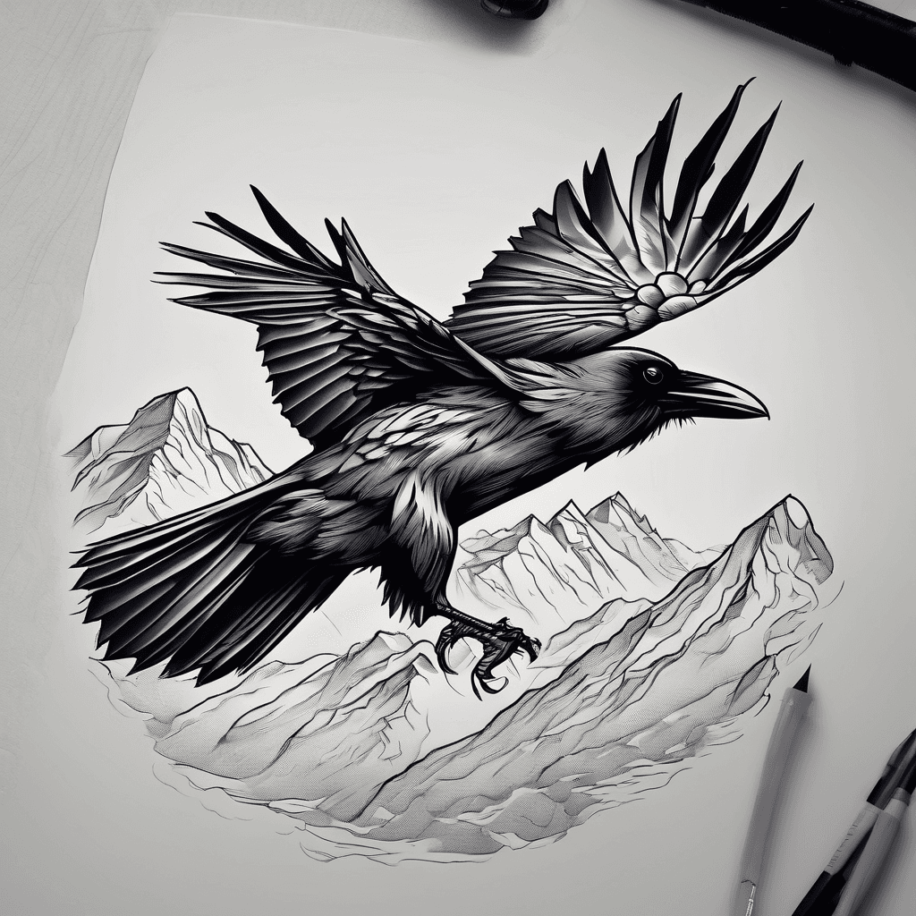 a raven in flight representing death and a snowy mountain representing duty