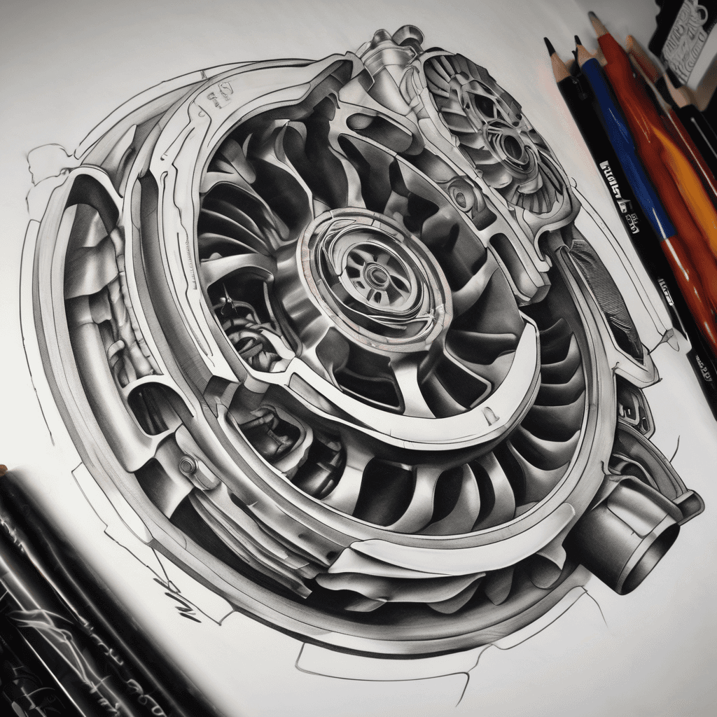 A rotor from a rotary engine with GReddy turbo's on the left and right side and in-between the turbo and rotor on the left side says MORE and in-between the rotor and turbo on the right side says BRAPP