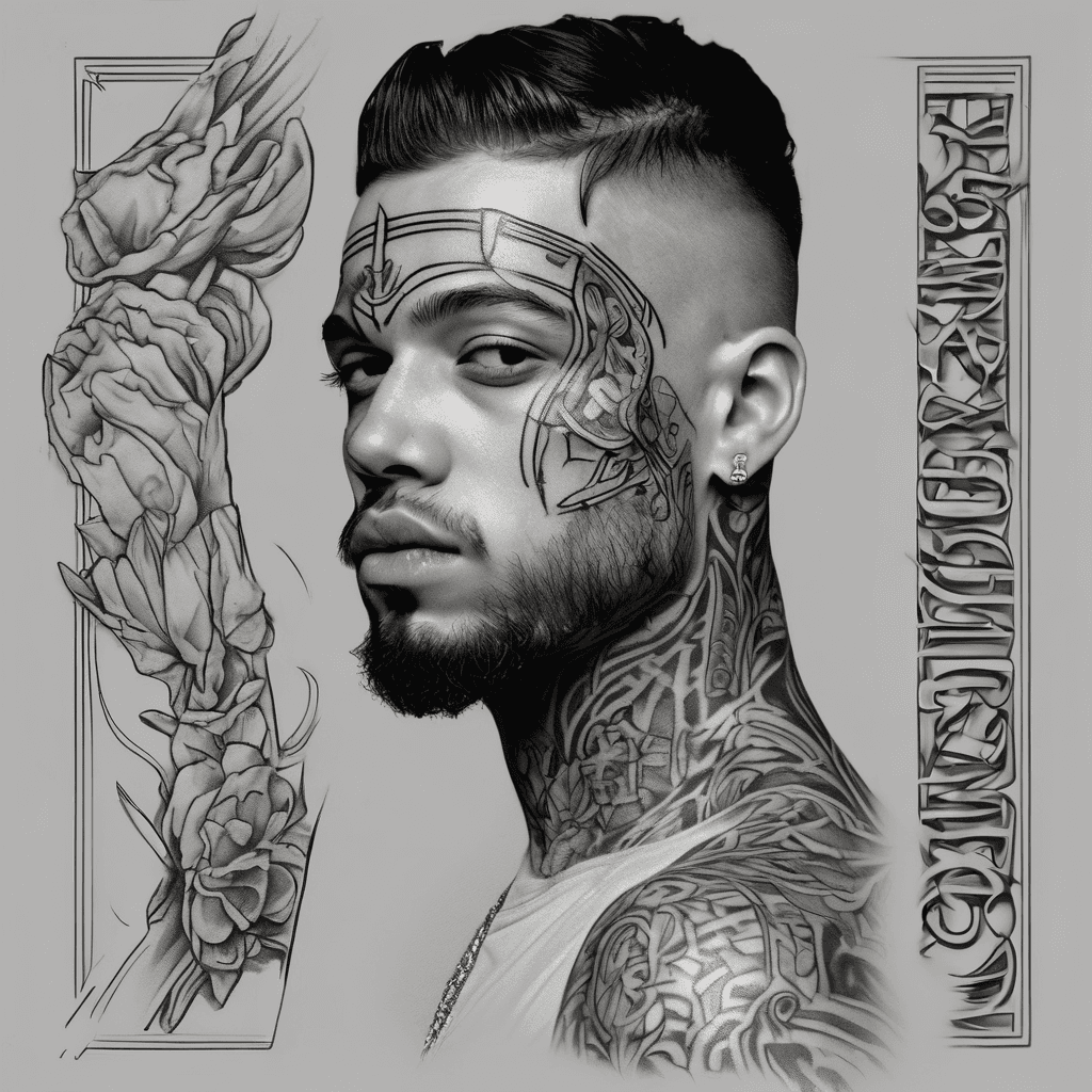 "A vertical tattoo design for an upper arm sleeve, black and grey realism style. At the top, a detailed side profile portrait of German rapper 18 Karat wearing his signature sharp golden mask, with the word 'Supremos' subtly stylized as a tattoo on the cheek of the mask. In the middle, a realistic AK-47 rifle placed diagonally. In the background at the bottom, the aggressive front grill and headlights of a Lamborghini supercar, fading into dark smoke and shadows at the edges."