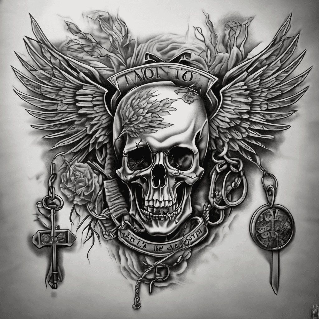 A tattoo combining the phrase "momento mori" a caduceus, and dog tags. It represents my time in the army as a medic. It should look rugged and worn as if time has aged it