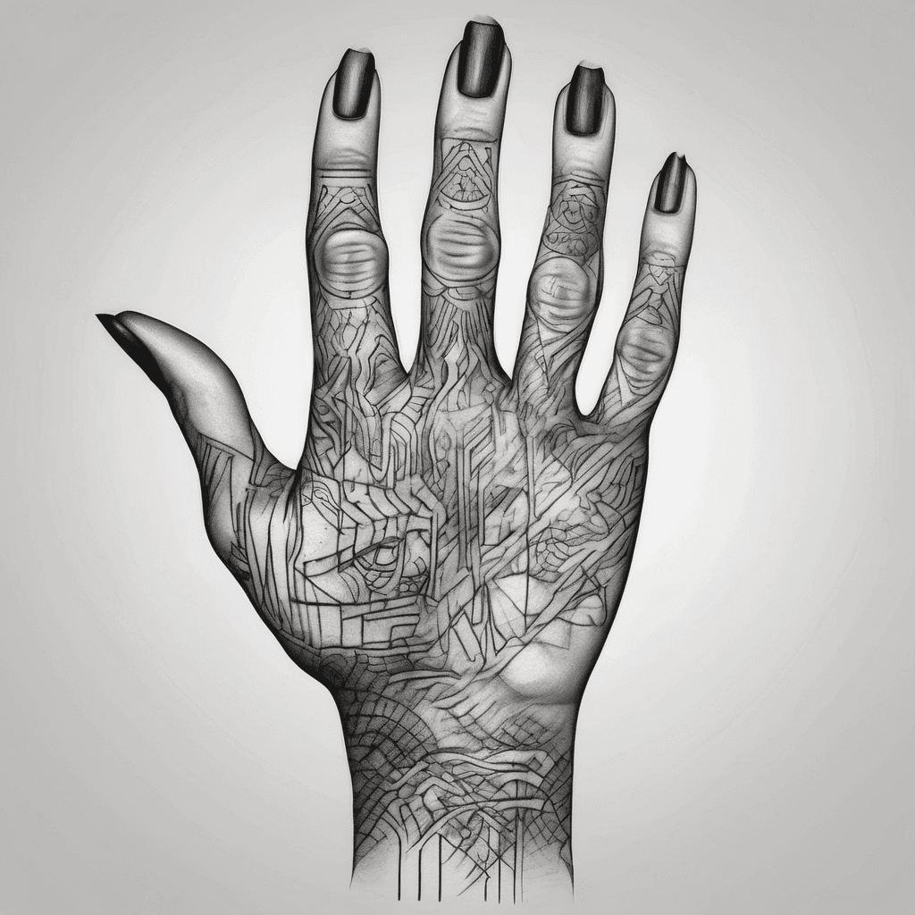 Sketch work hand tattoo covering the top of the hand and going up all fingers