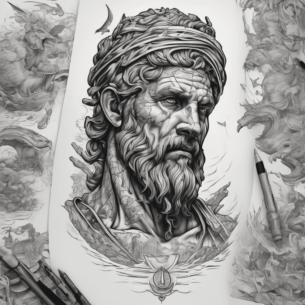 A full sleeve tattoo depicting the story of “The Odyssey”, featuring the most important scenes of the story.
