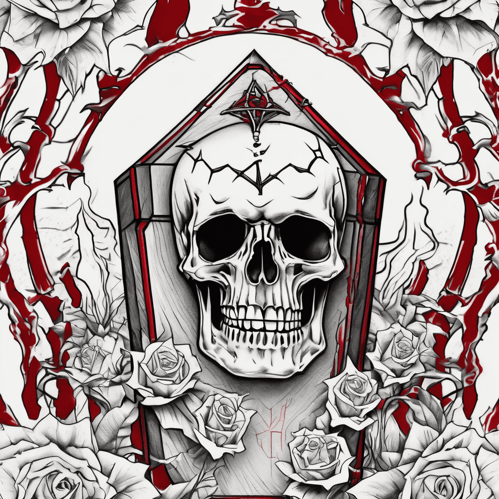Coffin with cobwebs over the top of it with two skulls below it covered in red wax from candles burning above them