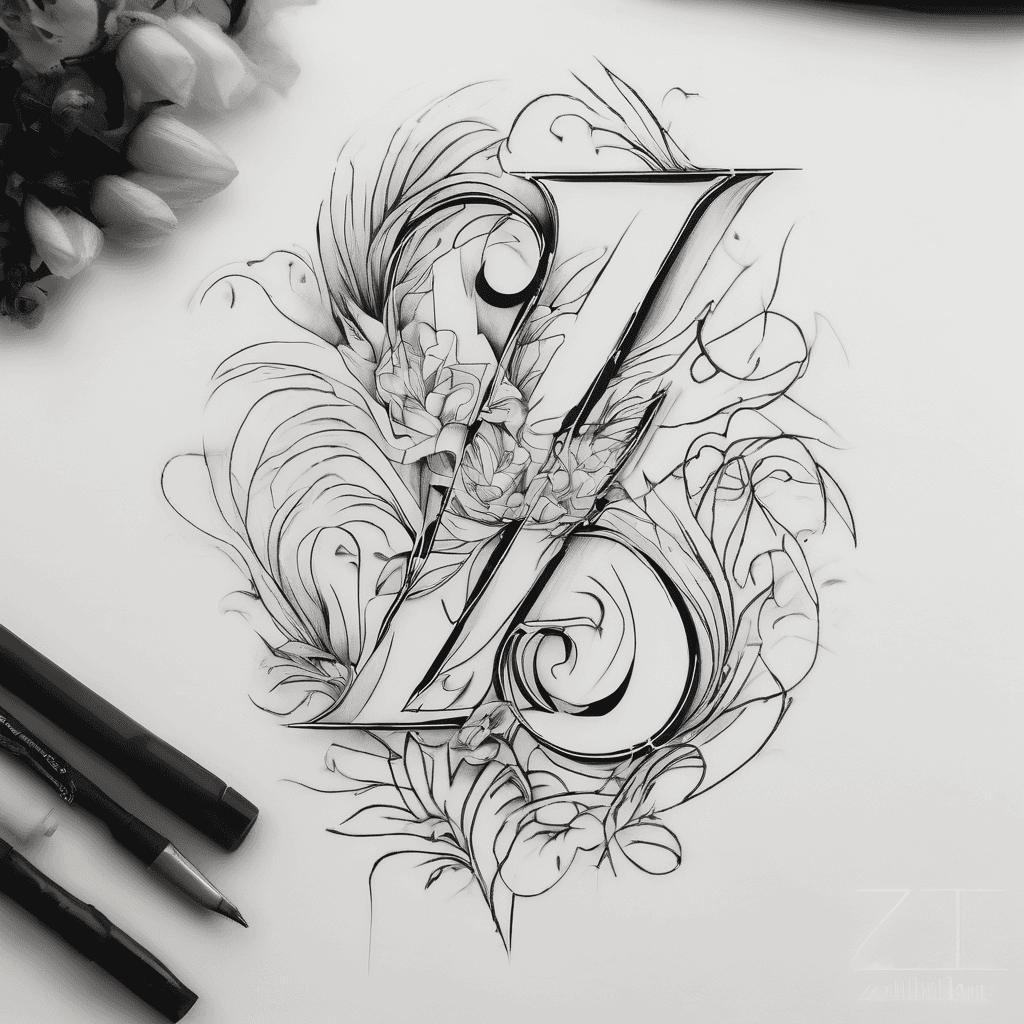 "A minimalist fine-line couple tattoo design on a pure white background, flash sheet style, single-needle ink technique. A single, elegant, continuous unbroken line seamlessly forms the abstract initials 'Z' and 'S' intertwined together. Flowing effortlessly beneath the initials is the wedding date in clean, delicate Roman numerals 'VIII.IX.II'. Simple, modest, ultra-fine lines, crisp black ink only, zero shading, zero color, no human skin visible, perfectly flat vector layout."