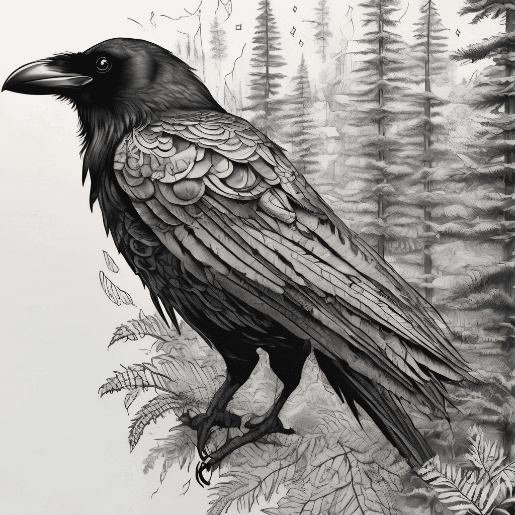 Vertical tattoo design, sleeve composition, raven in flight at the top, transformation into Scandinavian weave patterns, dense pine forest at the bottom with detailed fern leaves in the foreground, dark fantasy art style, tattoo stencil look, white background