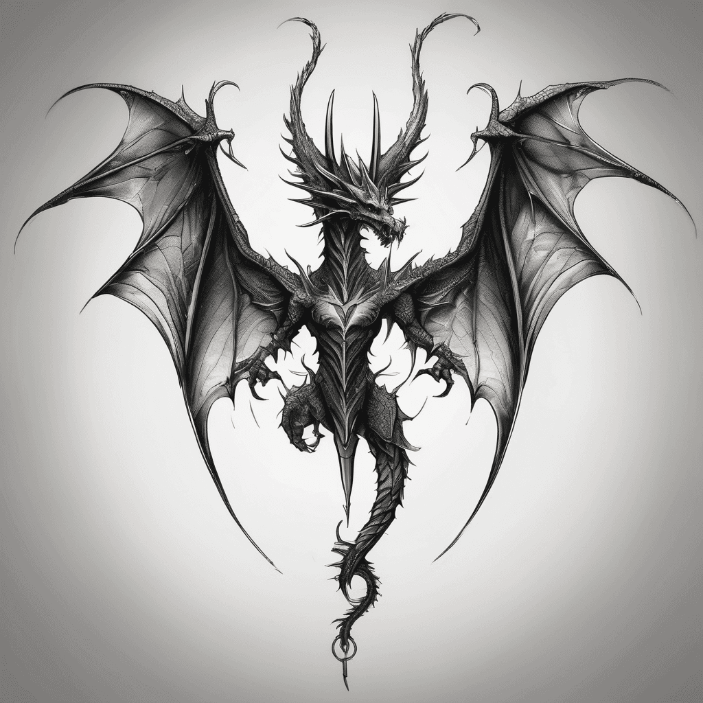 A dark fantasy tattoo design of a symmetrical dragon with outstretched bat wings, creating a dagger-like silhouette. Pure blackwork style with solid black shading, featuring intricate glowing white ink lines and fractures running through the wings and body. Tattoo placement is above the ankle, with a long tail that naturally wraps around the ankle joint. Clean white background, high contrast, sharp details.