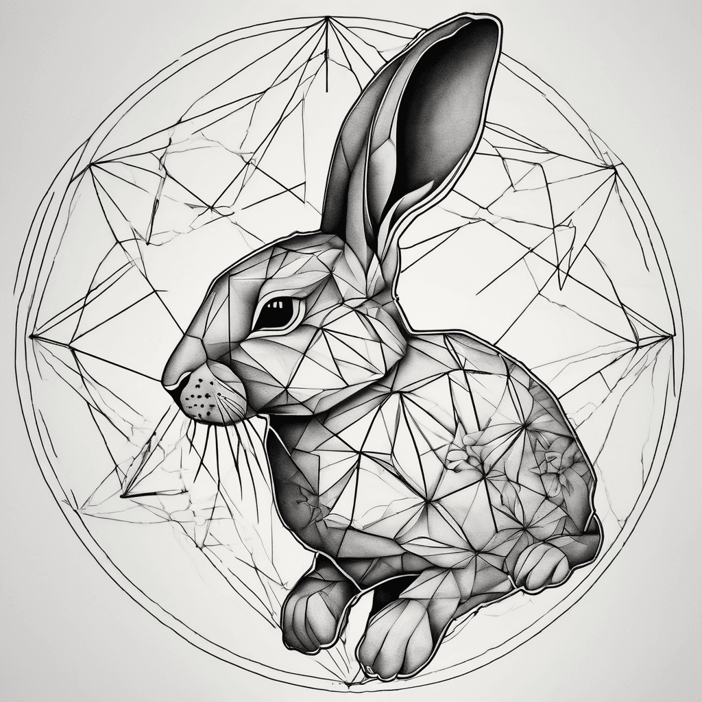 "Geometric sacred geometry tattoo design, a rabbit mid-leap rendered in low-poly faceted linework, positioned as the central focal point. The rabbit is surrounded by an interlocking sacred geometry pattern — flower of life, overlapping circles, and triangular facets — radiating outward and wrapping slightly around the forearm. Bold, thick black linework throughout, especially dense and heavy directly behind and around the rabbit's body, matching the weight of a solid black cover-up tattoo (not fine-line). Strong, confident line weight comparable to traditional bold tattoo outlines. Blackwork style, no shading gradients, no color, high contrast, designed to fully obscure a solid black Star of David positioned at the rabbit's torso/center. Tattoo flash reference sheet composition, symmetrical geometric framing, clean vector-style edges."