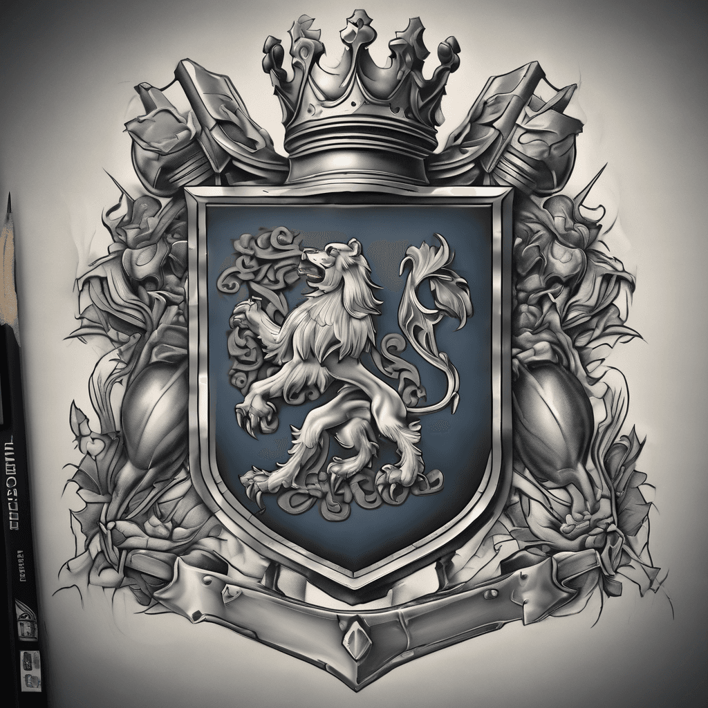 A majestic family heraldic coat of arms for "SLUSSER". Centered is a classic shield split vertically down the middle. Left side has a dark textured background with a detailed heavy blacksmith's iron anvil and two crossed silver sledgehammers. Right side has a rich blue background with a weathered stone castle tower and a detailed, ornate golden skeleton key beneath it. Atop the shield sits a polished steel knight's helmet, wrapped in flowing, dramatic green and silver acanthus leaves. Above the helmet is the crest: a powerful, clenched iron gauntlet gauntlet raised high. Below the shield, a flowing parchment scroll boldly displays the text "SLUSSER". High-detail textures of metal, stone, and fabric, studio lighting, dark dramatic background, 8k resolution.