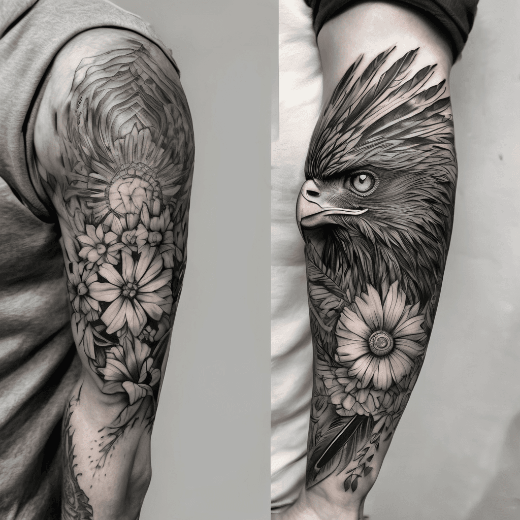 Design a black and grey realistic forearm half sleeve tattoo from wrist to elbow. The theme is family heritage and love. Include a realistic hazel female eye representing my wife as the centerpiece. Blend an Argentine Sun of May behind the eye with flowing rays. Incorporate Mexican heritage through a detailed eagle feather, marigold flowers, agave leaves, and subtle Aztec patterns. Connect everything with olive branches and vines representing family, faith, and growth. Make it one cohesive tattoo sleeve, not separate symbols. High-detail tattoo artist sketch, realistic shading, designed for the outer forearm.