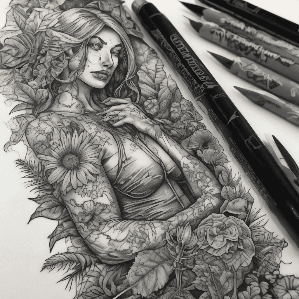 woodcut Patchwork Forearm wrap half sleeve . An black and grey etched style dark gothic victorian romance vibe botanical with fern leaves, pothos and daisies, and venus fly traps and man eating plants with a frankenstein head, dracula head, the bride, creature of the black lagoon, the mummy, wolfman, phantom of the Opera heads as well, a bat , a bee
