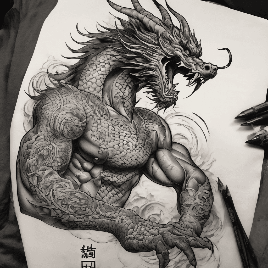 Full sleeve bicep and tricep tattoo design, vertical Mongolian calligraphy script — flowing brush-style script transitioning into geometric square script below, black ink linework, traditional Asian dragon coiling around and through the entire arm from shoulder to elbow, dragon head at top near shoulder, body wrapping around bicep and tricep muscle mass, tail winding down near elbow, cloud motifs filling negative space, black and grey realism style, designed to follow arm muscle contours, front and back view