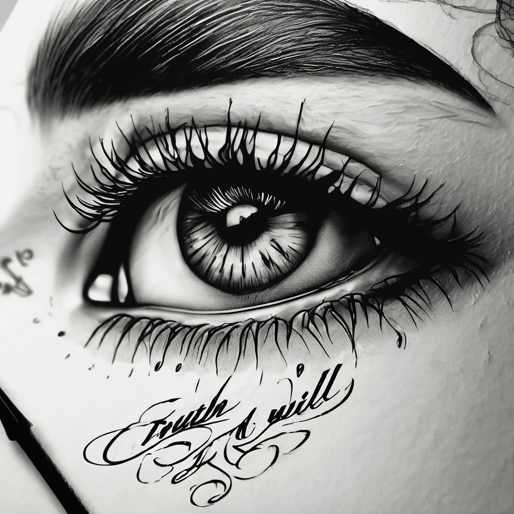 A script or scroll on it saying the truth will set you free above the script of woman's eye with a teardrop coming down.