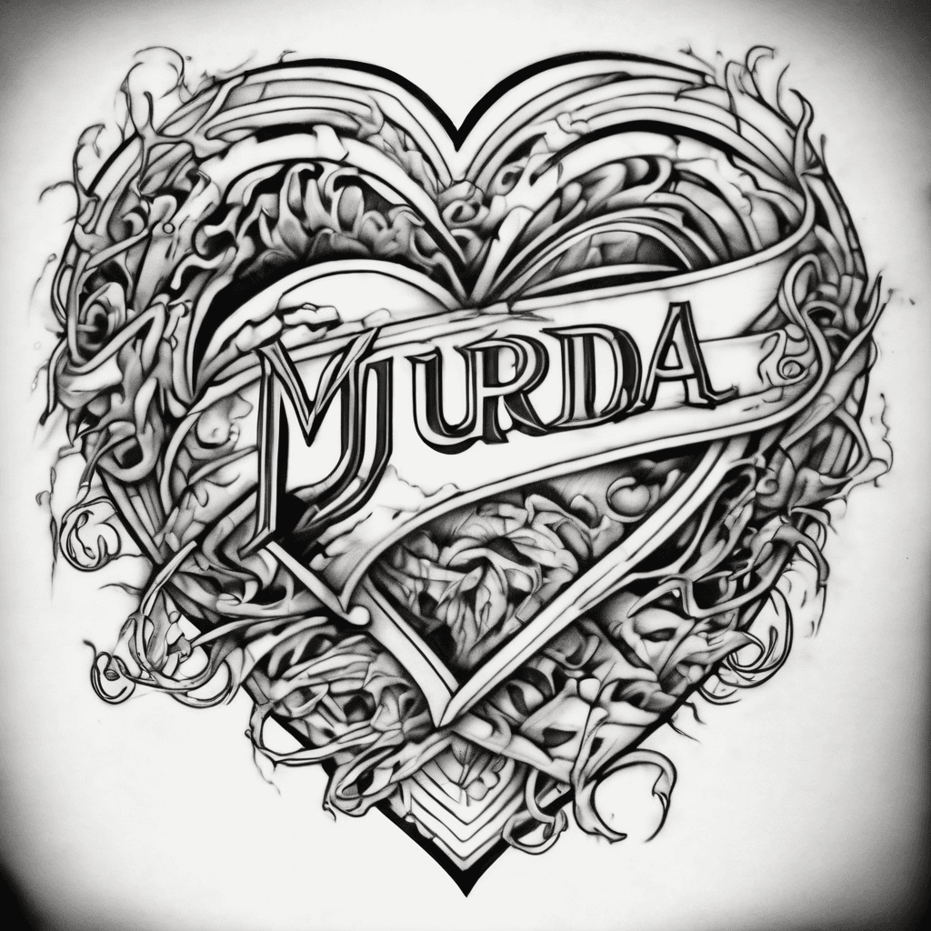 Put the name murda in a Cruze font with a heart beside it and a j inside the heart basic but make the heart cursive with a red j