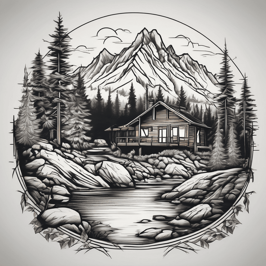 Sleeve tattoo of a mountain, evergreen trees, a creek, and a cabin in the woods