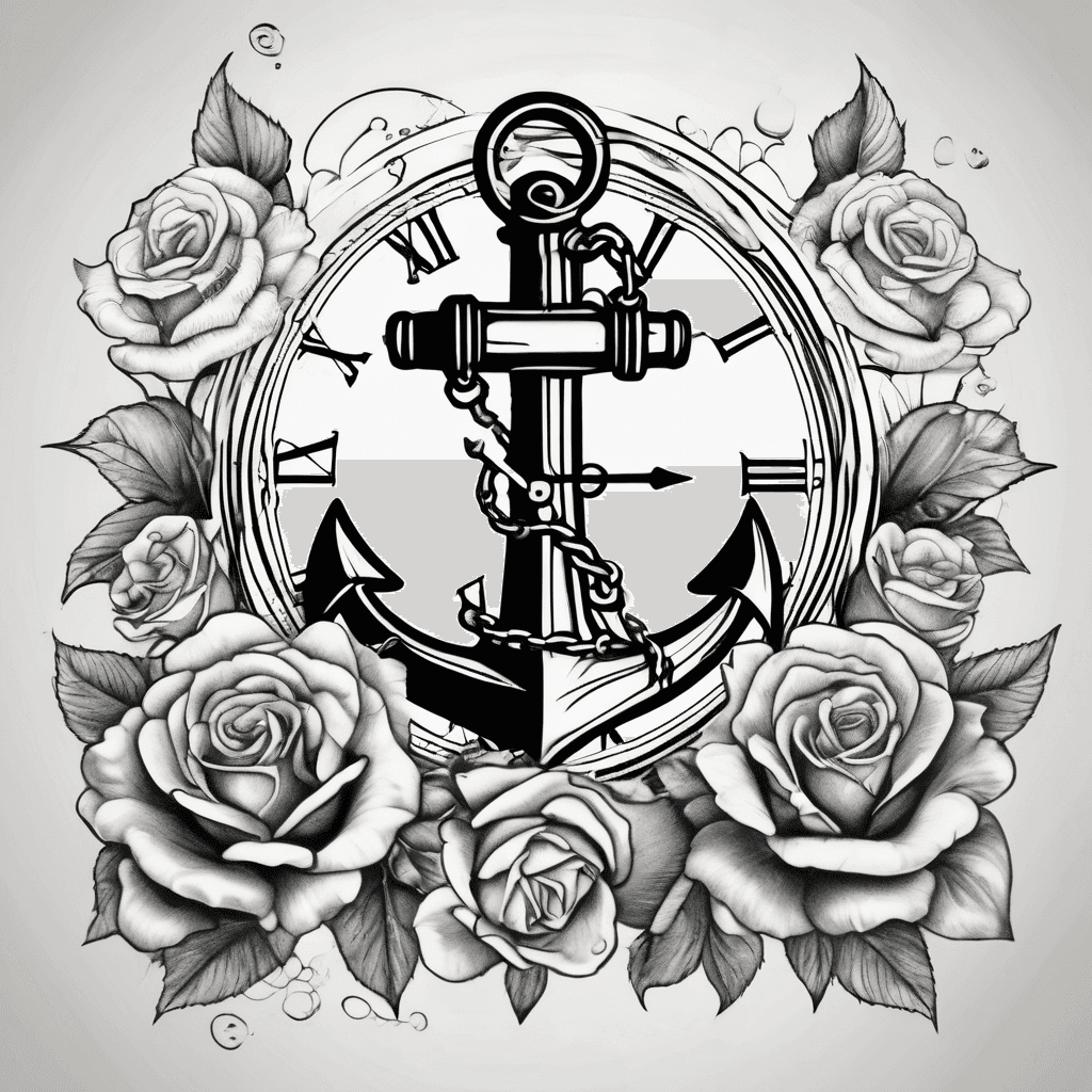 Anchor with clock and roses under water