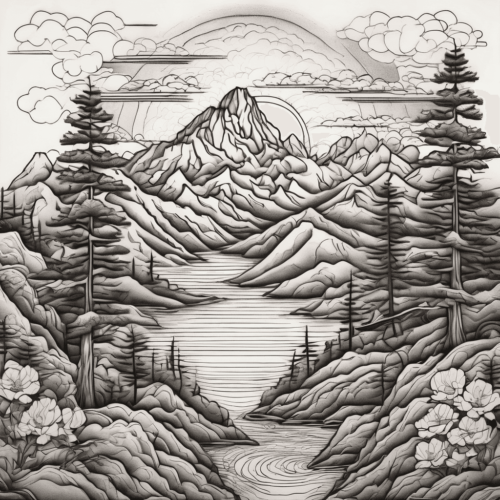 Minimalist mountain landscape with sun setting behind and 4 conifer trees off to the side