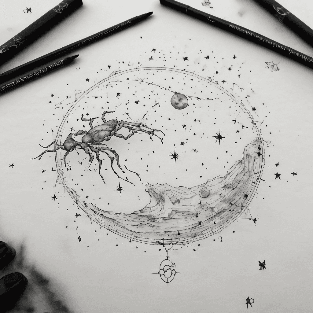 Version 1 – Written in the Stars – Ajin & Anjana Real Scorpius constellation for Ajin Real Cancer constellation for Anjana Fine-line black ink style Subtle mountain beneath Scorpius Delicate crescent moon and tiny stars around Cancer A faint trail of stars connecting the two constellations Hidden details: XXX • XII • MMXXV A & A Minimalist, elegant, tattoo-artist-ready