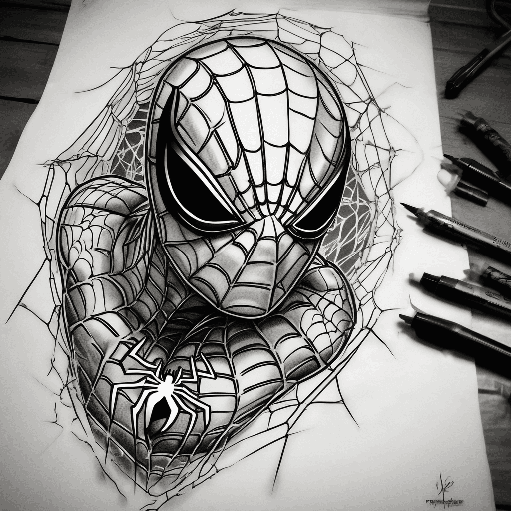 Spiderman tattoo where spiderman is surrounded by webbing. Each eaction of the webbing has a different version of spiderman and spiderman villians. The spiderman mask be layered with 3 different comic strips forming 1 single spiderman made up of 3 different versions of spiderman. Make it in the art style of graffitti