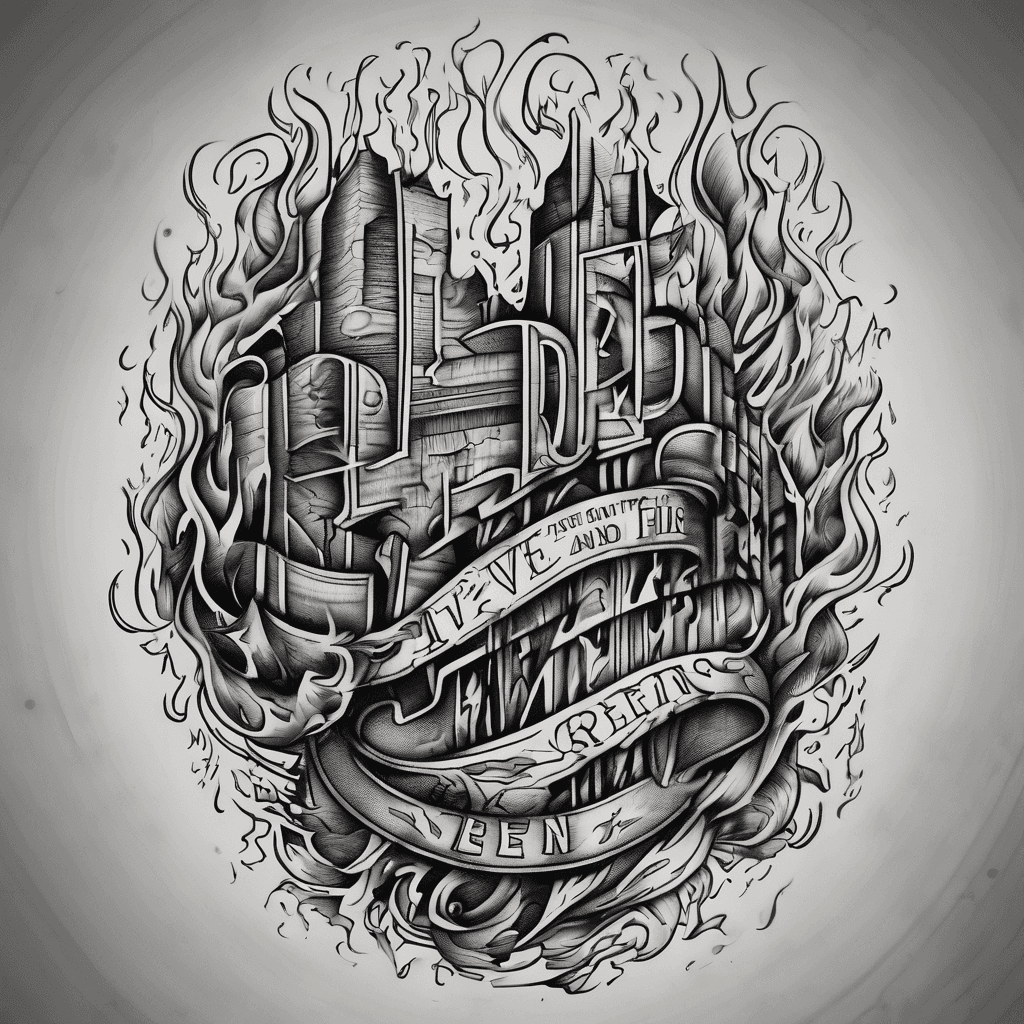 a text tattoo that says "I've seen fire and I've seen rain." with rain falling in the top left corner and flames in the bottom right corner
