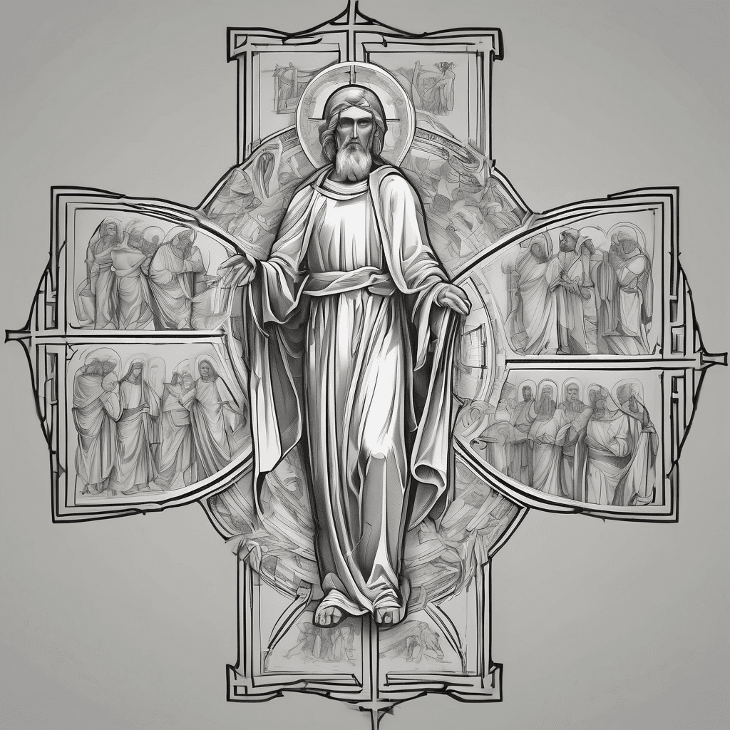 Whole back tattoo. 4 saints in each quadrant and a Greek church in the centre.