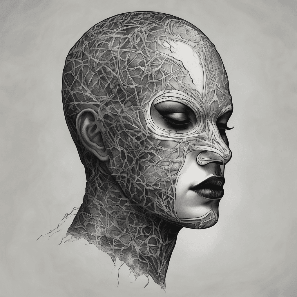 Solid black mask, cracked in two — "I built these walls to be strong... the mask I wear is there for you, so you don't see the truth." A faint face profile engraved into the black (left cheek, barely visible unless you look close) — "the internal demons inside of me... the only one who has ever seen them." A tiny crown nested right in the crack opening — "I love you forever, my queen." Easy to miss at a glance, unmistakable once you see it. The flame breaking through the crack — the "real man behind the mask," the vulnerability Amber alone gets to see. Cupped hands/vessel cradling the flame's base — "you make me feel safe... I know now what it's like to be held and loved unconditionally."