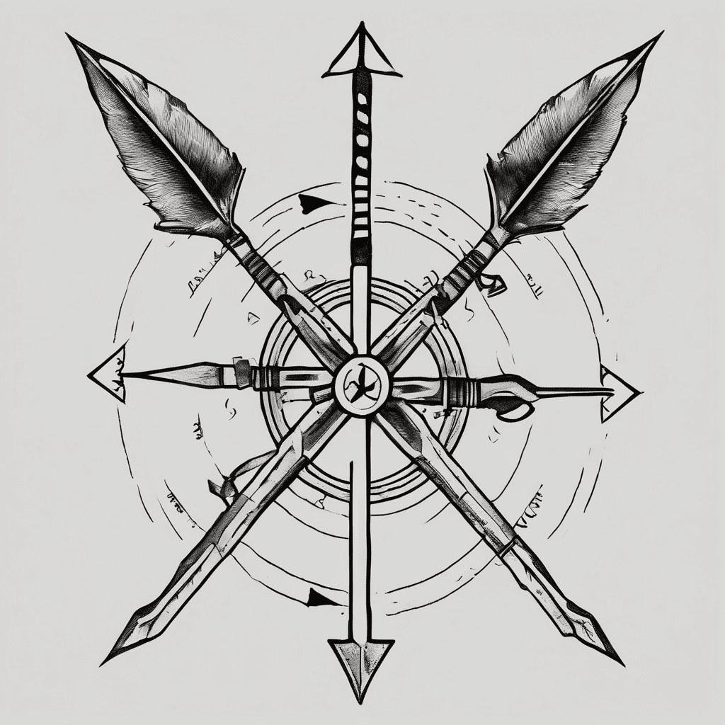 I’d like two crossed arrows in a fine-line style. Place the date in the upper space between the arrows. Put a “V” in the left space between the arrows and an “L” in the right space. In the lower space between the arrows, add the Pisces zodiac symbol (♓). The overall design should be clean, minimalist, and symmetrical.