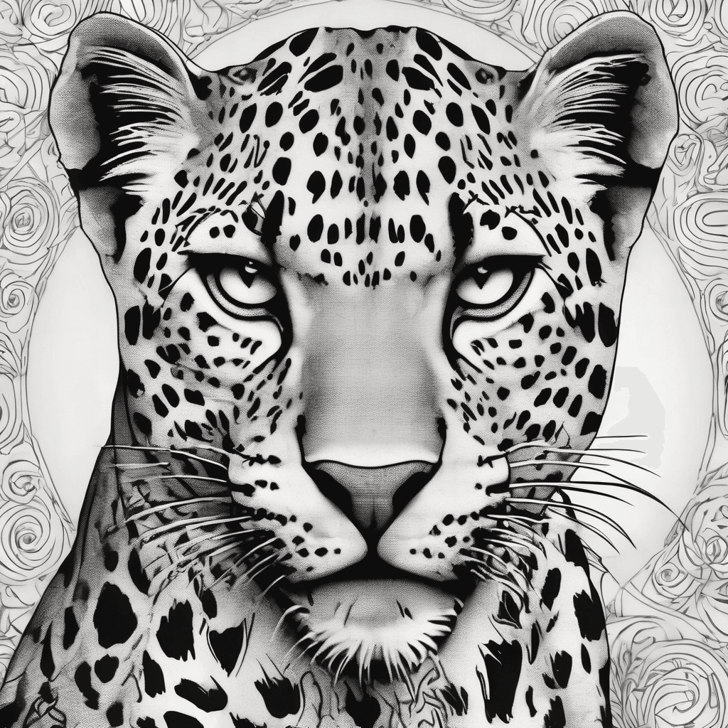 Stylized illustration of a wild cat (leopard/panther) in a dynamic climbing pose, body curved into a semicircle/spiral shape, long thick tail raised above the head with wispy fur at the tip. Rosette leopard-print pattern covering the fur, rendered in black and white with grey tones, thick black outlines, semi-realistic tattoo-flash / furry art style. Large paws with visible claws, climbing/leaping stance, focused forward gaze, fine whiskers. Pure white background, animal as sole focus. Clean linework, hatched fur texture, strong black-and-white contrast with grey shading for volume.