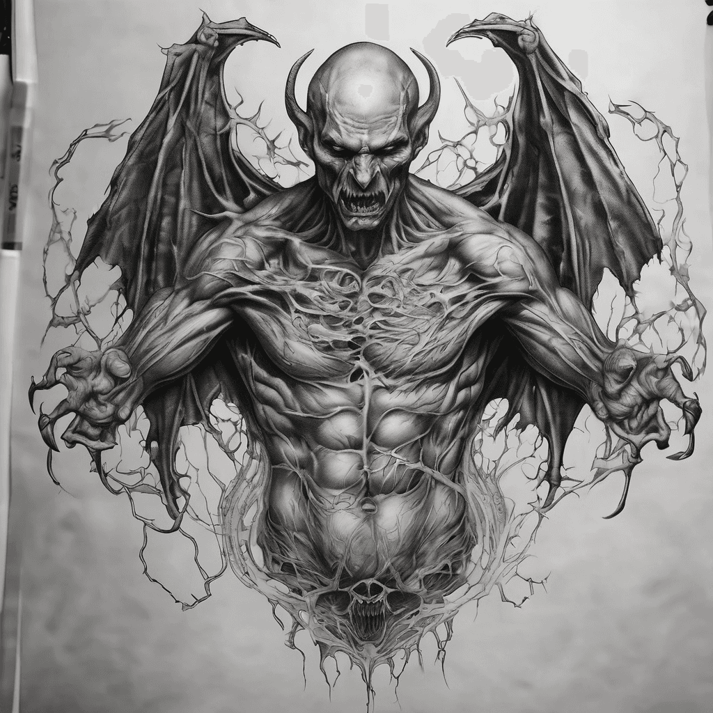 The idea of this tattoo is that we have inner demons that are trying to get out and should look like the demon is trying to tare open the chest and you should see the man's heart and ribs as the demon is pulling apart the flesh from the inside of the tare where his head is coming out of