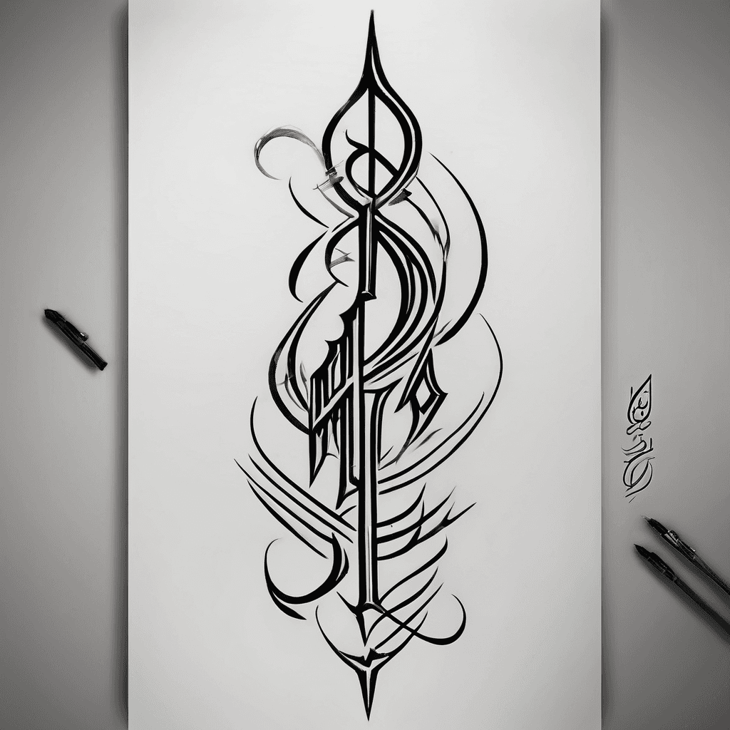 Vertical Urdu calligraphy tattoo of the word ‘چودھری’ for the left forearm. Bold, aggressive strokes with thick black ink, no outline, clean and powerful composition.