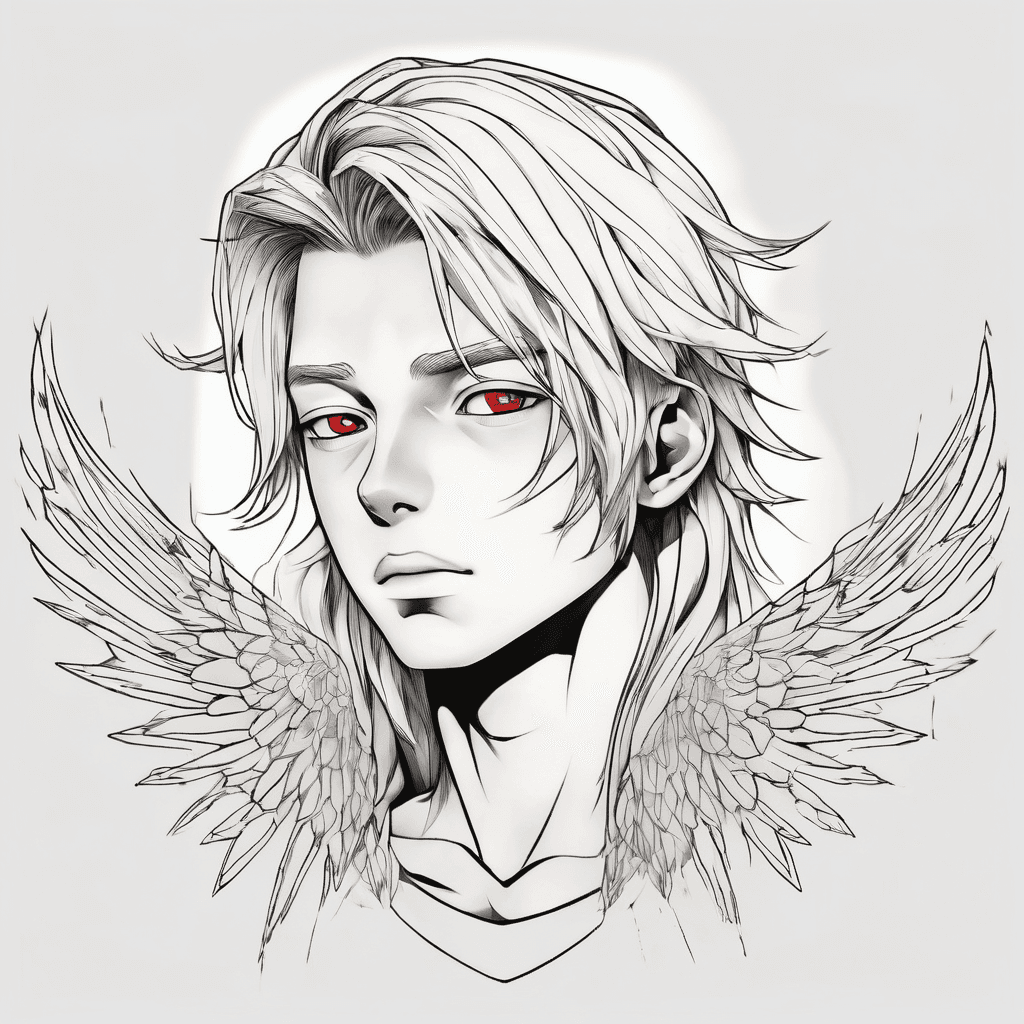 Anime tattoo design of a boy with long, straight blonde hair parted in the middle, sharp red eyes, angelic wings made of light behind him, minimalist linework, tattoo flash sheet, vector graphic, pure white background